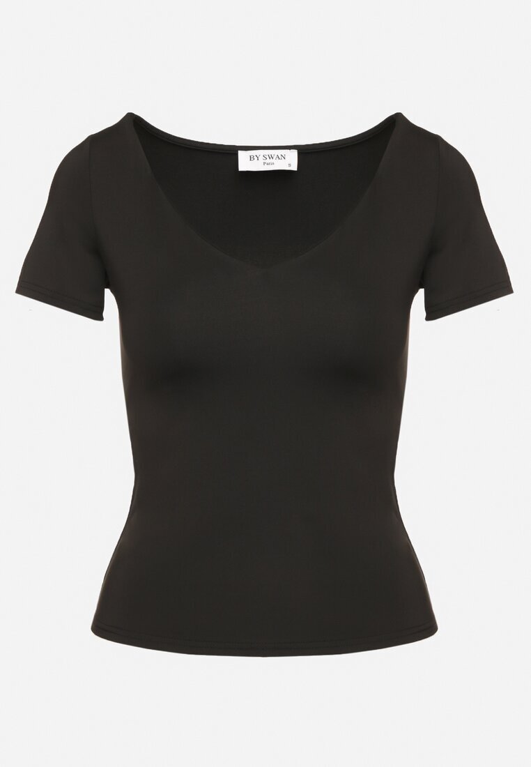by swan Tricou Negru din Viscoză cu Croială Ajustată cu Decolteu în V Folarisse