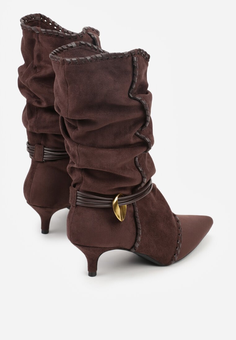 c&l fashion Botine Maro Încrețite cu Toc Tip Pisică cu Șiret și Ornament Avidvire