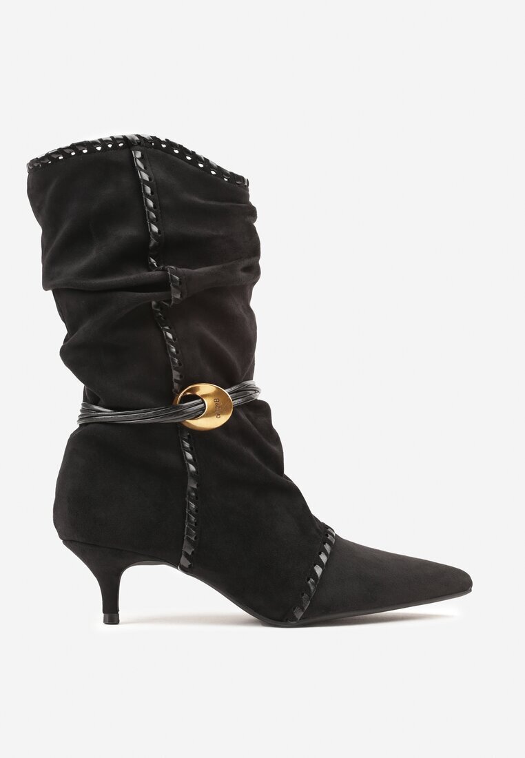 c&l fashion Botine Negre încrețite cu toc tip kitten cu șiret și ornament Avidvire