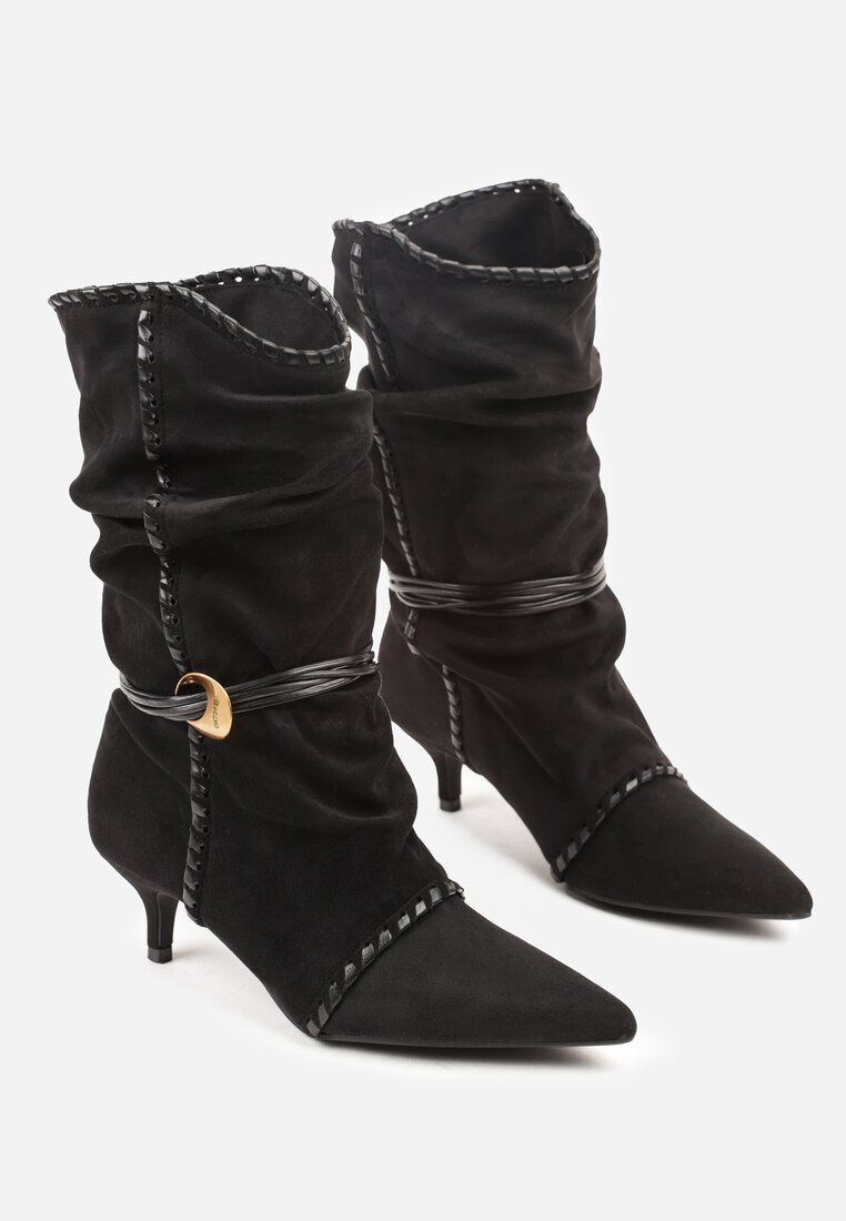 c&l fashion Botine Negre încrețite cu toc tip kitten cu șiret și ornament Avidvire