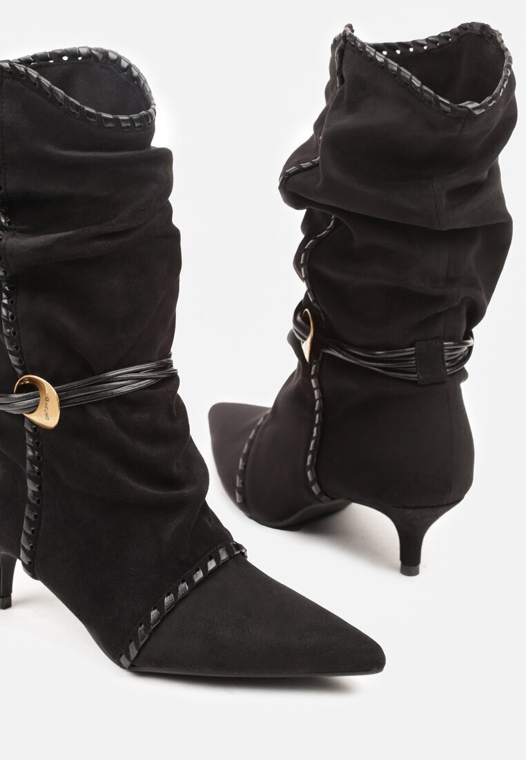 c&l fashion Botine Negre încrețite cu toc tip kitten cu șiret și ornament Avidvire
