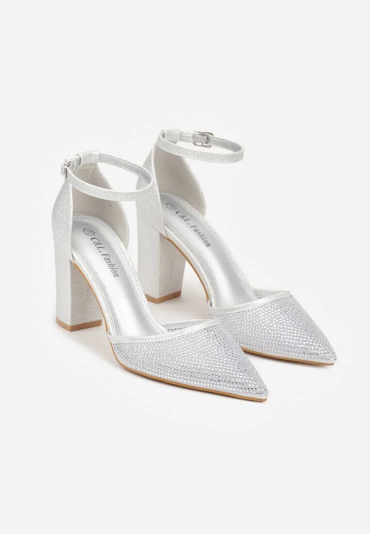 c&l fashion Pantofi stiletto argintii cu toc decorate cu sclipici și zirconii Prisnara