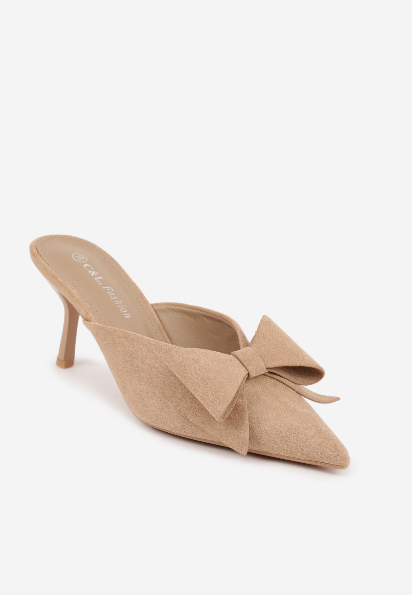 c&l fashion Papuci Bej închis cu toc stiletto tip Mule decorate cu fundiță Lorailea