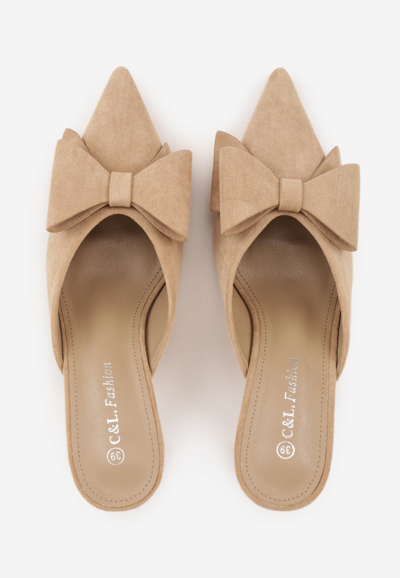 c&l fashion Papuci Bej închis cu toc stiletto tip Mule decorate cu fundiță Lorailea