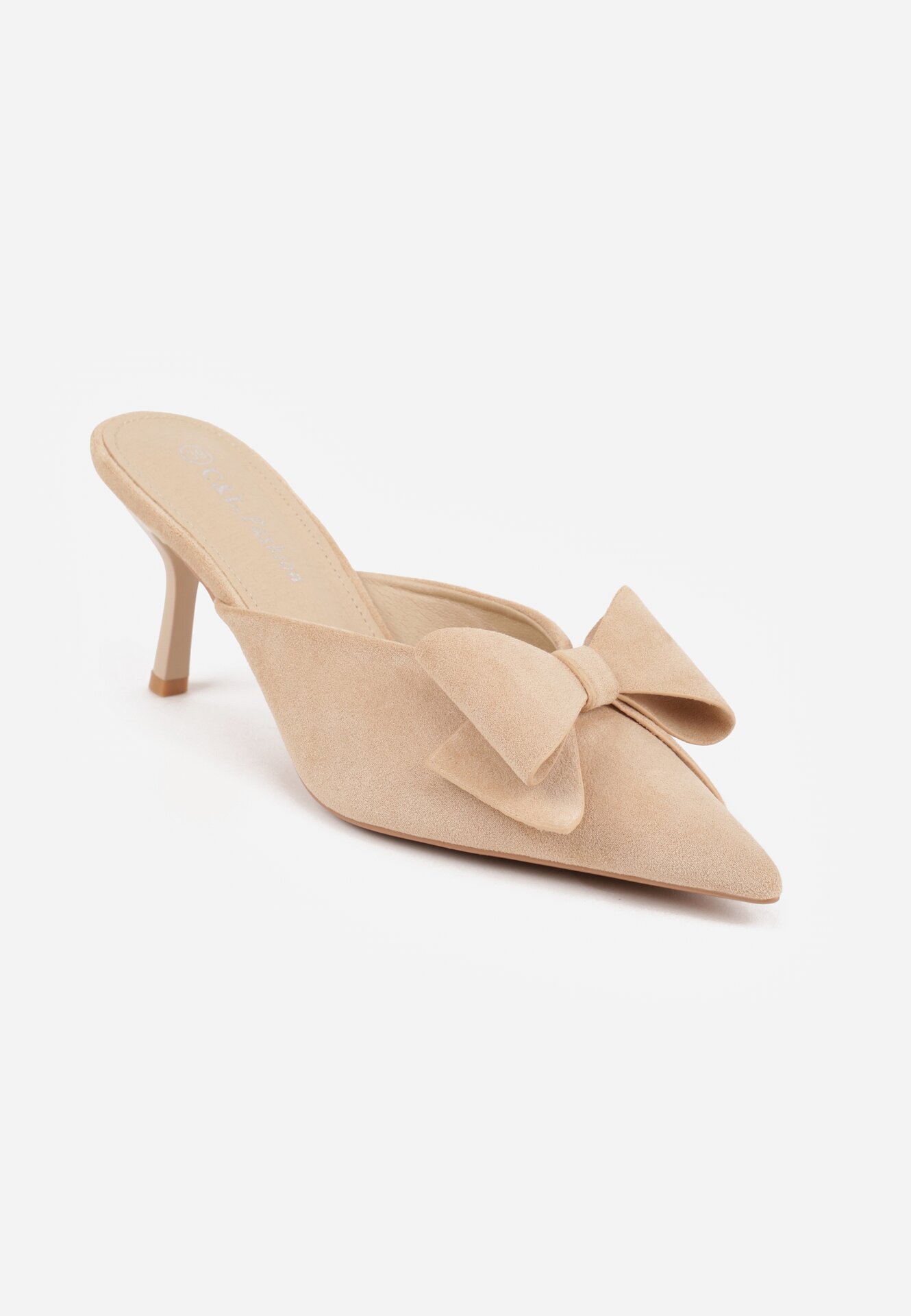 c&l fashion Papuci Bej pe toc cui Tip mule decorate cu fundă Lorailea