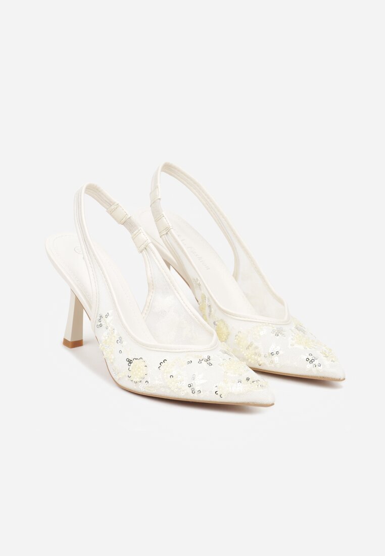 c&l fashion Sandale Bej cu toc stiletto cu spate decupat decorate cu paiete Avixaris