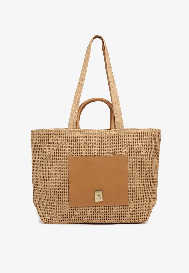 caely Geantă shopper împletită bej închis cu ornament metalic Feleriona