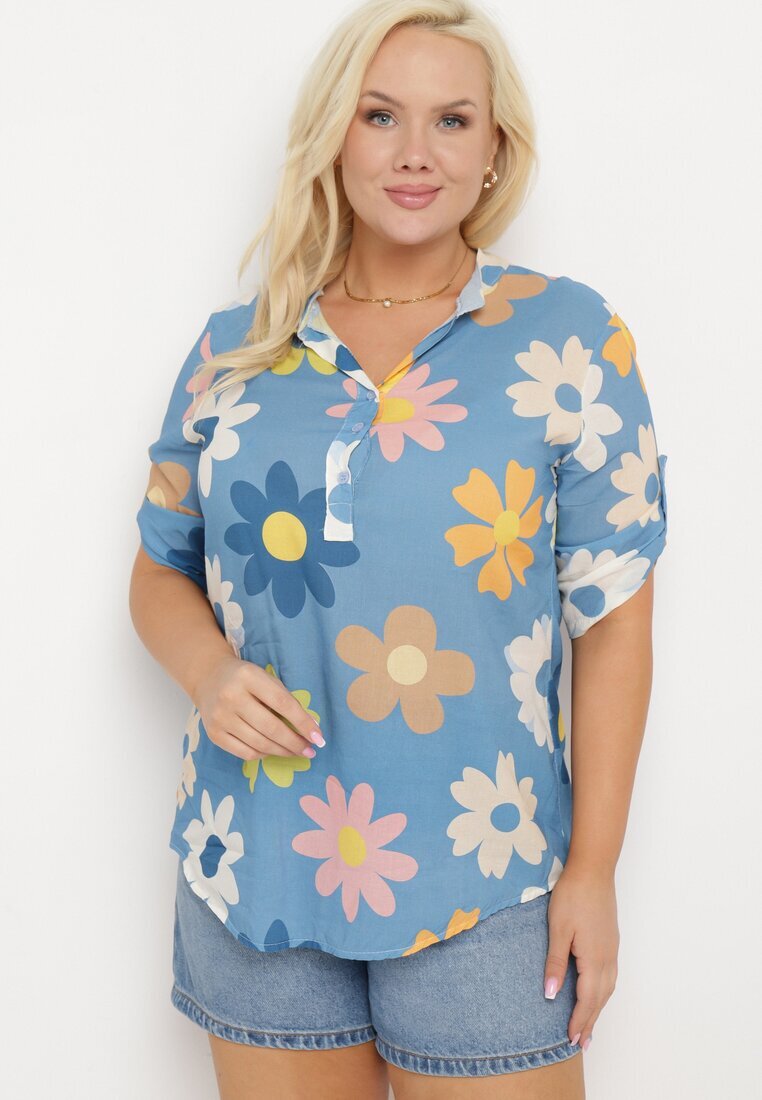  Cămașă Albastră din Vâscoză cu nasturi cu mâneci 3/4 și model floral Xebbia