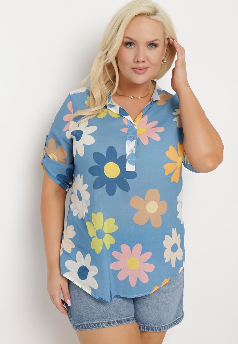  Cămașă Albastră din Vâscoză cu nasturi cu mâneci 3/4 și model floral Xebbia
