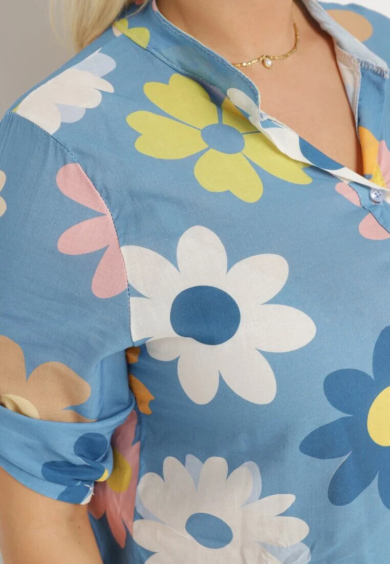  Cămașă Albastră din Vâscoză cu nasturi cu mâneci 3/4 și model floral Xebbia
