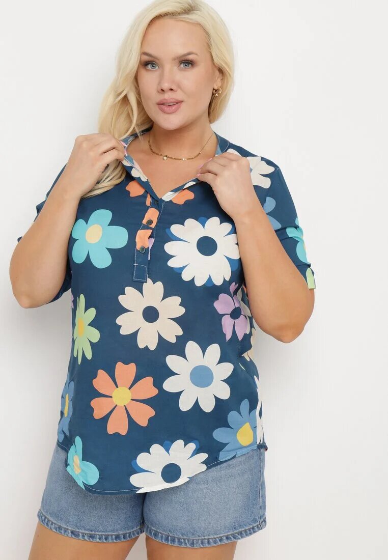  Cămașă din viscoză bleumarin încheiată cu nasturi cu mânecă 3/4 și cu imprimeu floral Xebbia