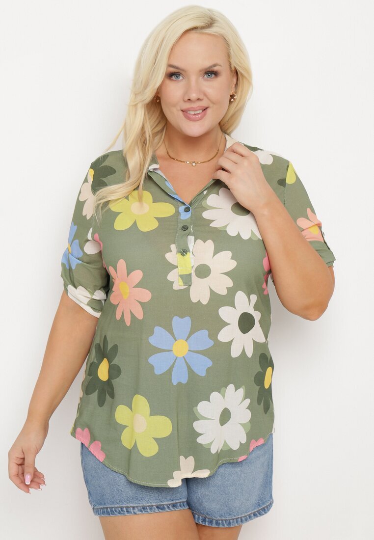  Cămașă din viscoză verde închis cu nasturi cu mânecă 3/4 și model floral Xebbia