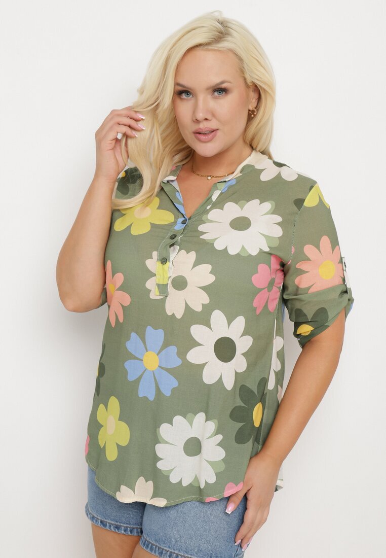  Cămașă din viscoză verde închis cu nasturi cu mânecă 3/4 și model floral Xebbia
