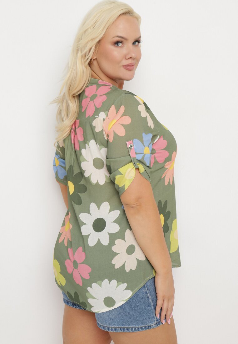  Cămașă din viscoză verde închis cu nasturi cu mânecă 3/4 și model floral Xebbia