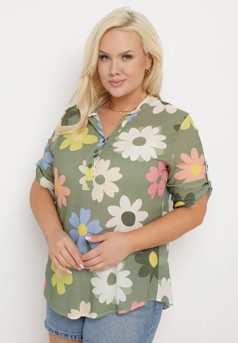  Cămașă din viscoză verde închis cu nasturi cu mânecă 3/4 și model floral Xebbia