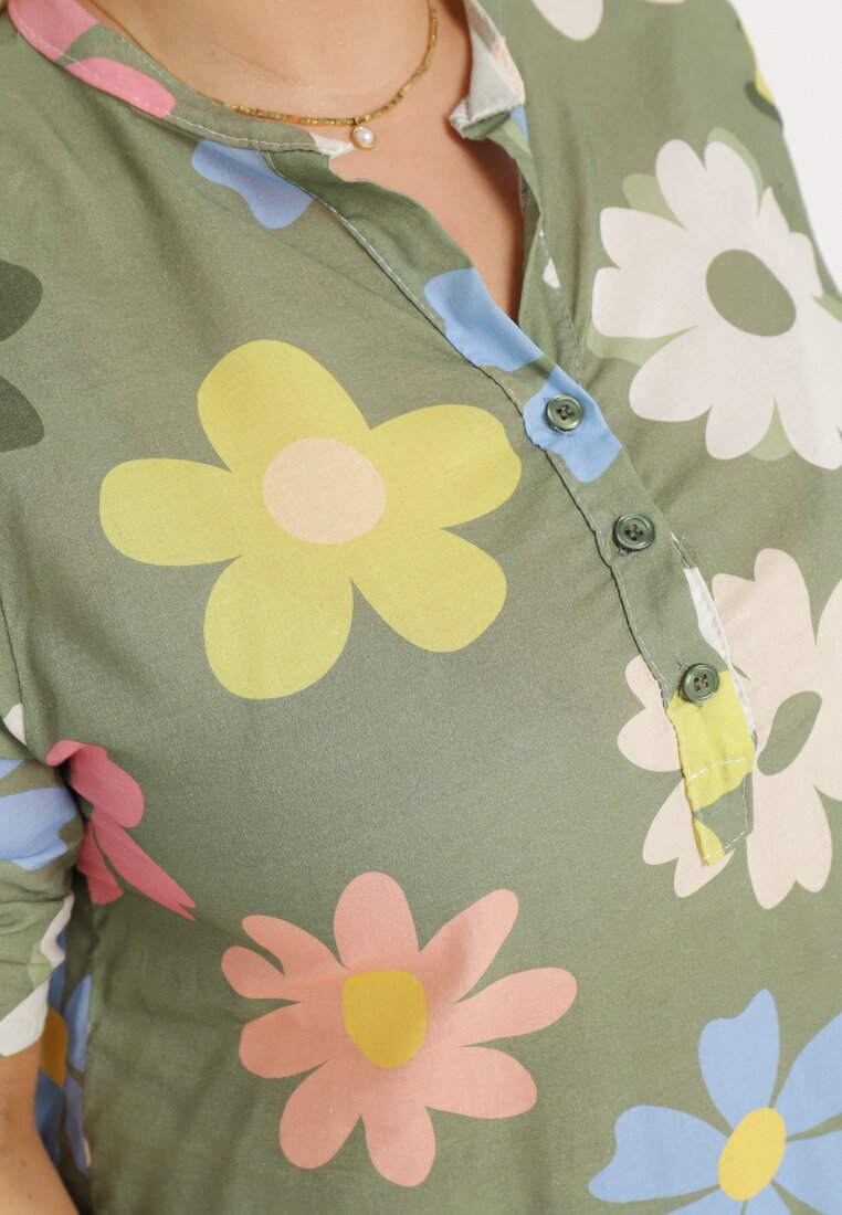  Cămașă din viscoză verde închis cu nasturi cu mânecă 3/4 și model floral Xebbia