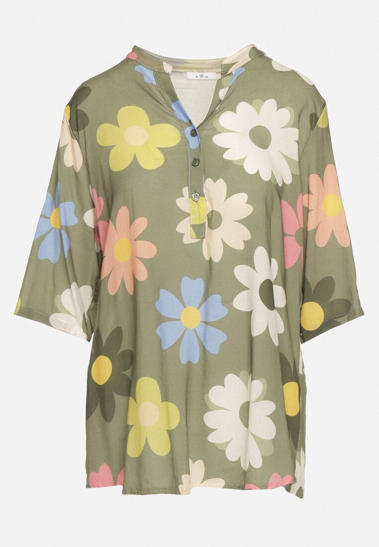  Cămașă din viscoză verde închis cu nasturi cu mânecă 3/4 și model floral Xebbia