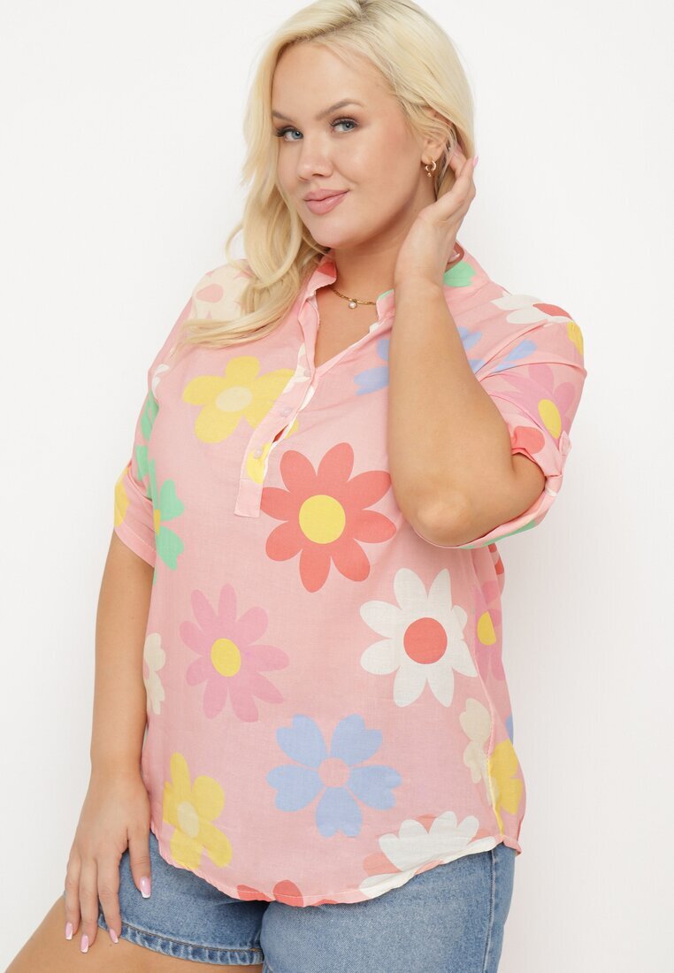  Cămașă Roz din Viscoză încheiată cu nasturi cu Mânecă 3/4 și Model Floral Xebbia