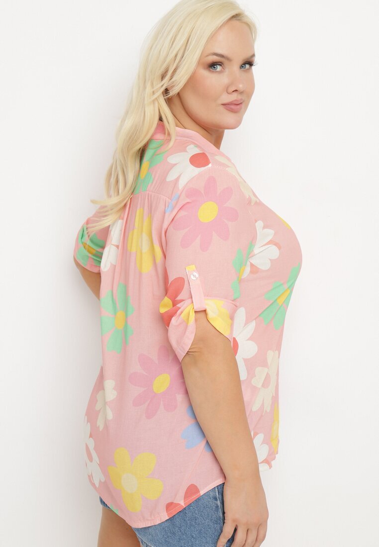  Cămașă Roz din Viscoză încheiată cu nasturi cu Mânecă 3/4 și Model Floral Xebbia