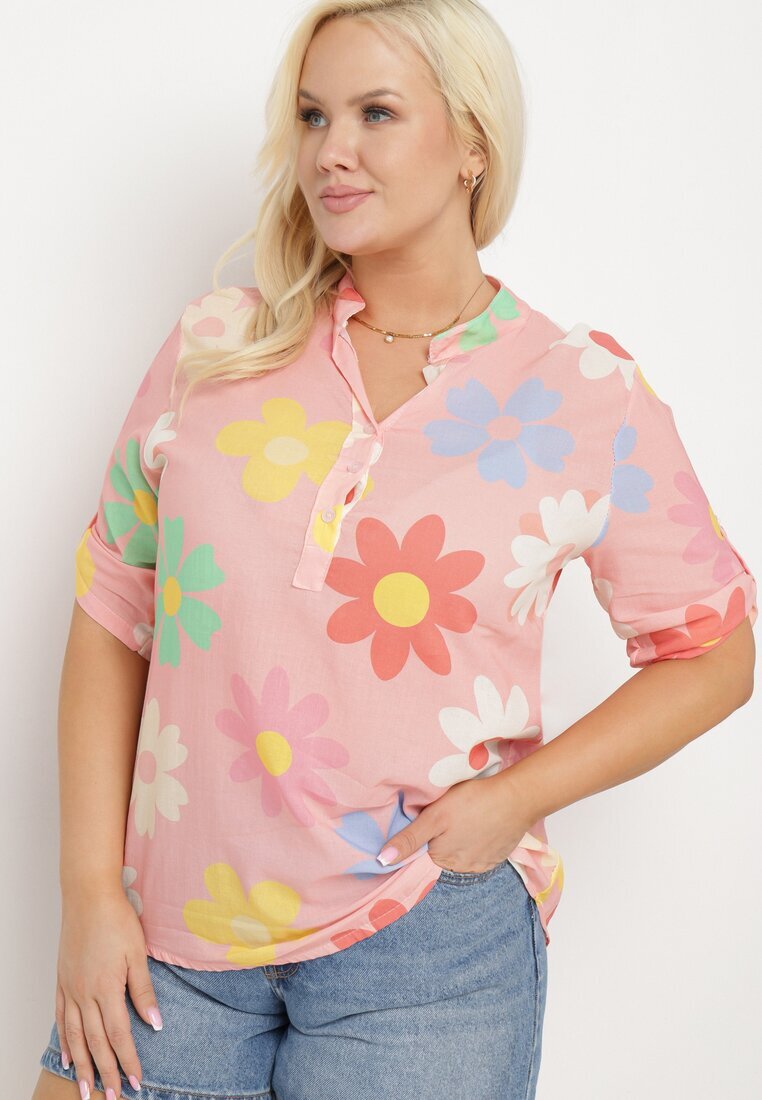  Cămașă Roz din Viscoză încheiată cu nasturi cu Mânecă 3/4 și Model Floral Xebbia