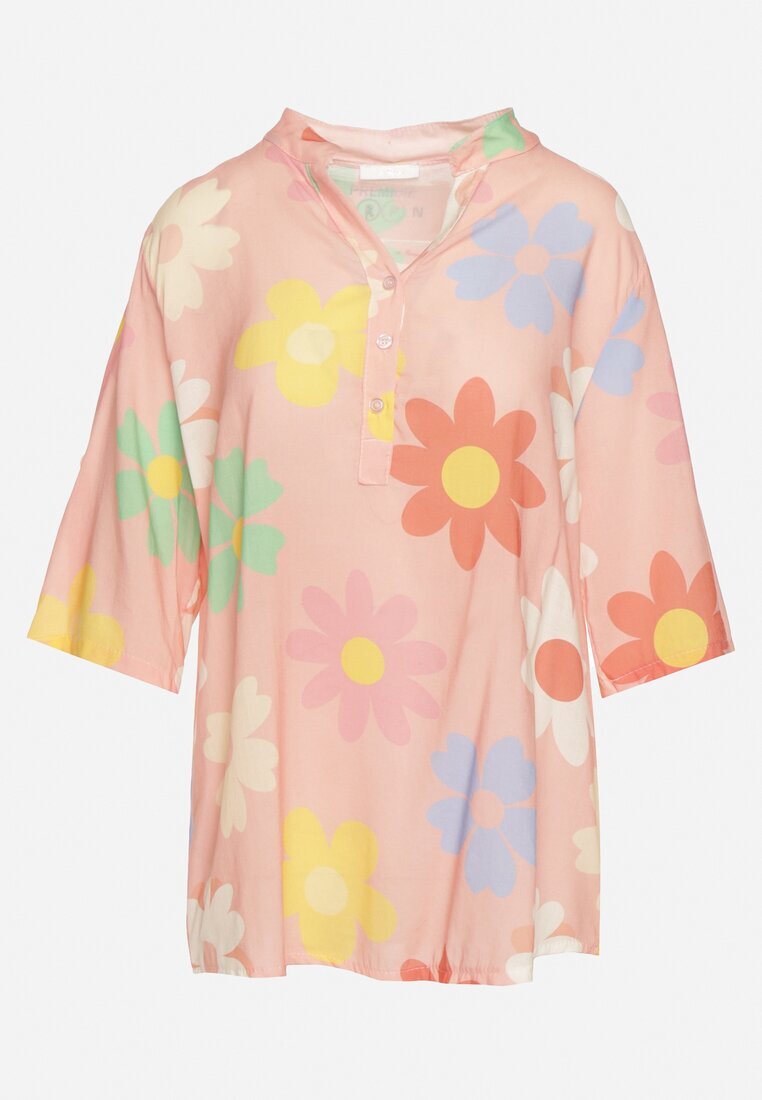  Cămașă Roz din Viscoză încheiată cu nasturi cu Mânecă 3/4 și Model Floral Xebbia