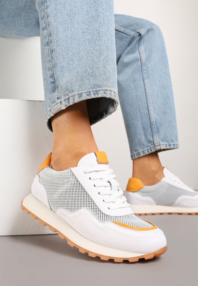 cambell Sneakersi Albi Din Piele cu Model Geometric Rivoiti