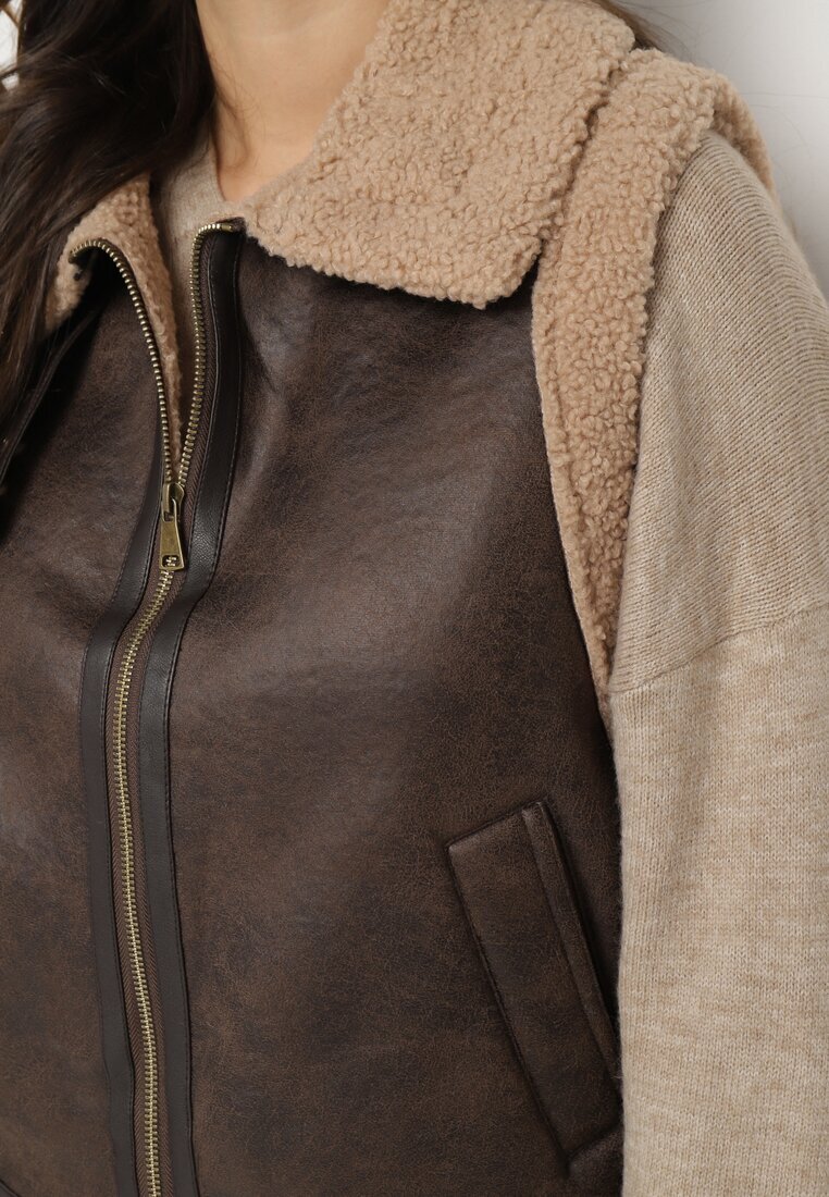 cantarana Vestă Maro cu Blană și Buzunare Inserate Realwen