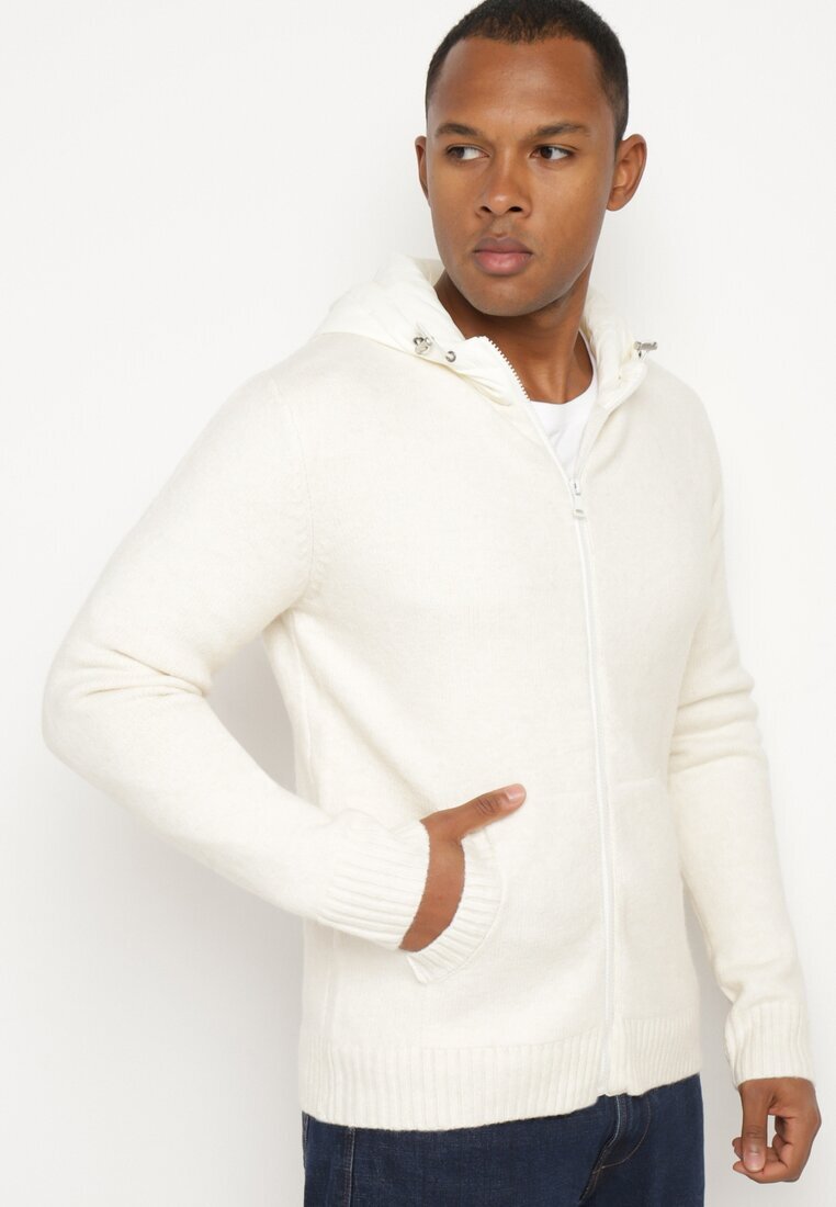  Cardigan bej cu glugă din tricot cu viscoză cu fermoar Etalitia