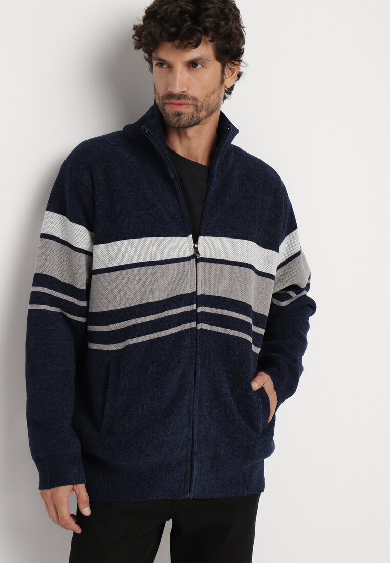  Cardigan bleumarin elegant cu lână cu croială clasică cu guler înalt Zairael