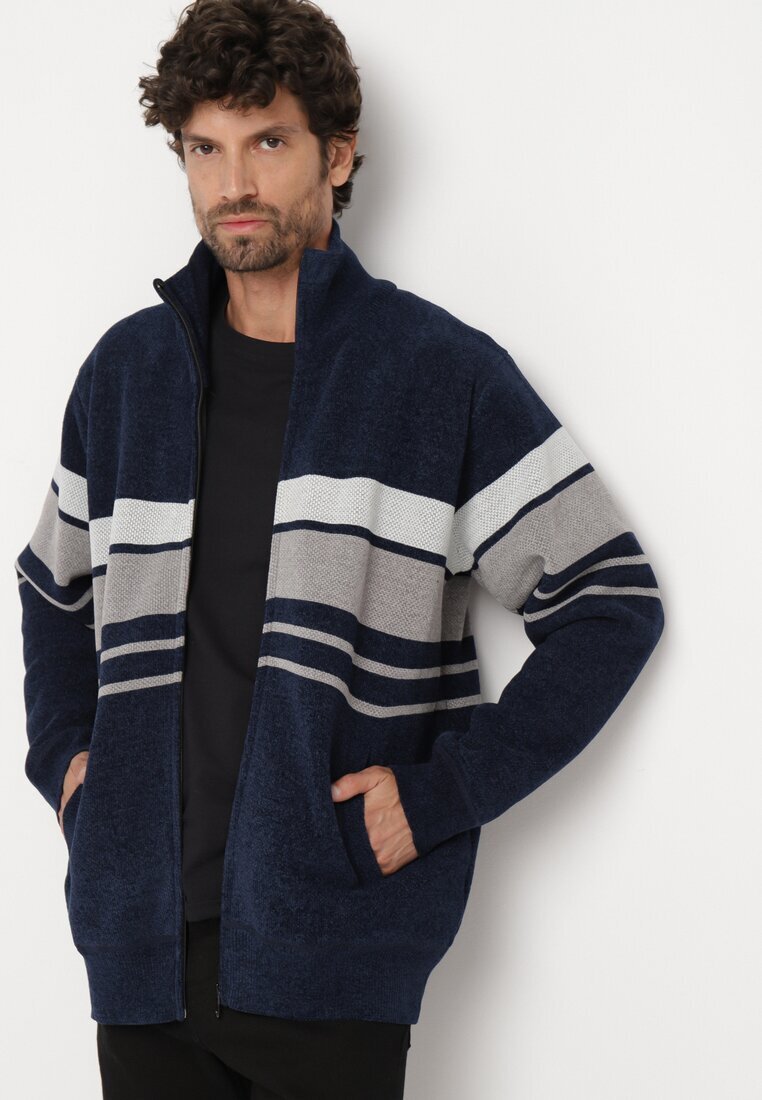  Cardigan bleumarin elegant cu lână cu croială clasică cu guler înalt Zairael