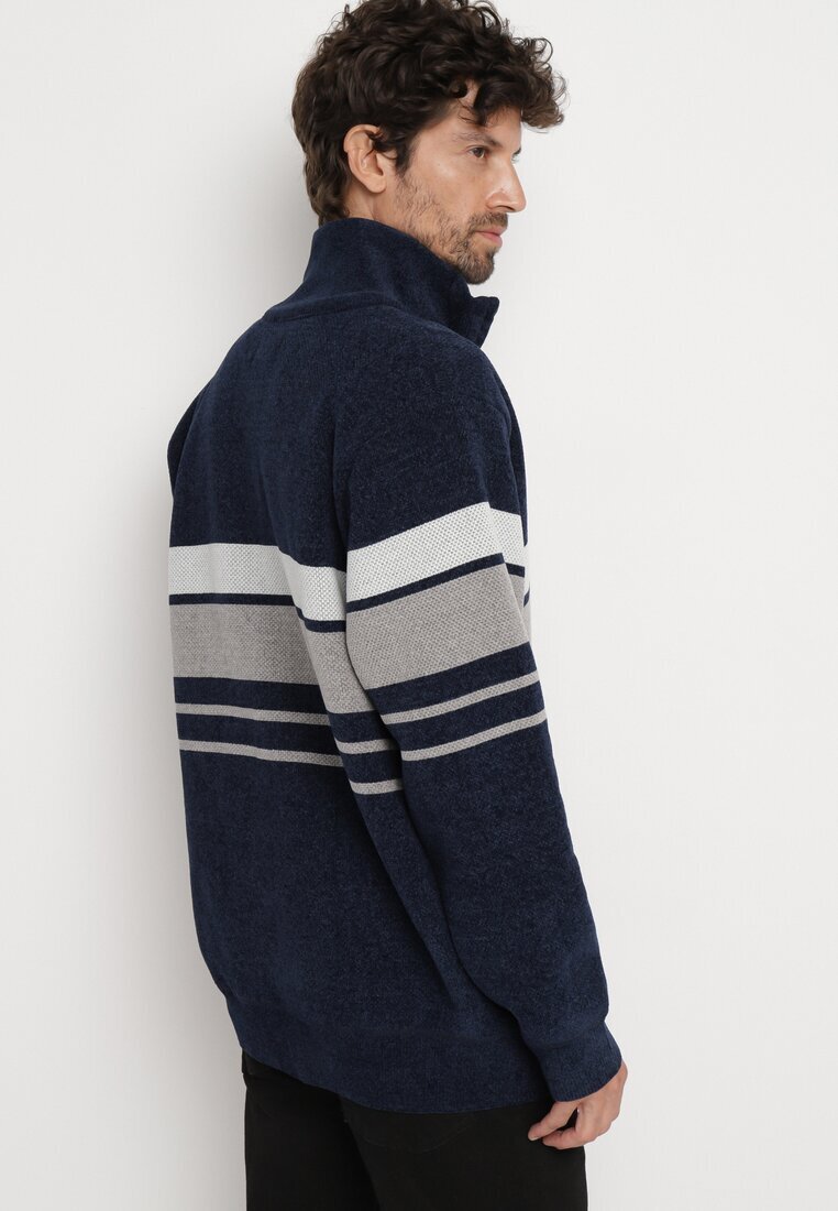  Cardigan bleumarin elegant cu lână cu croială clasică cu guler înalt Zairael