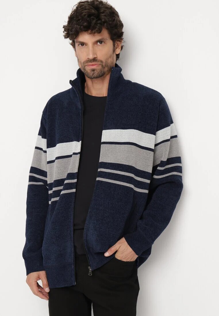  Cardigan bleumarin elegant cu lână cu croială clasică cu guler înalt Zairael