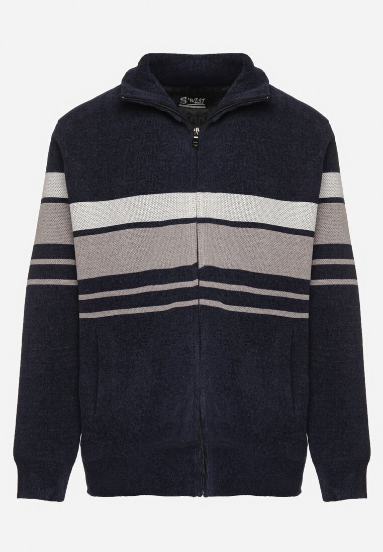  Cardigan bleumarin elegant cu lână cu croială clasică cu guler înalt Zairael