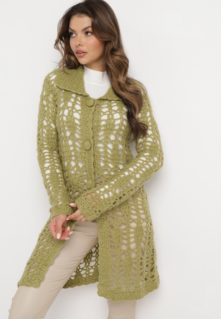  Cardigan Lung Verde Ajourat Lontoria