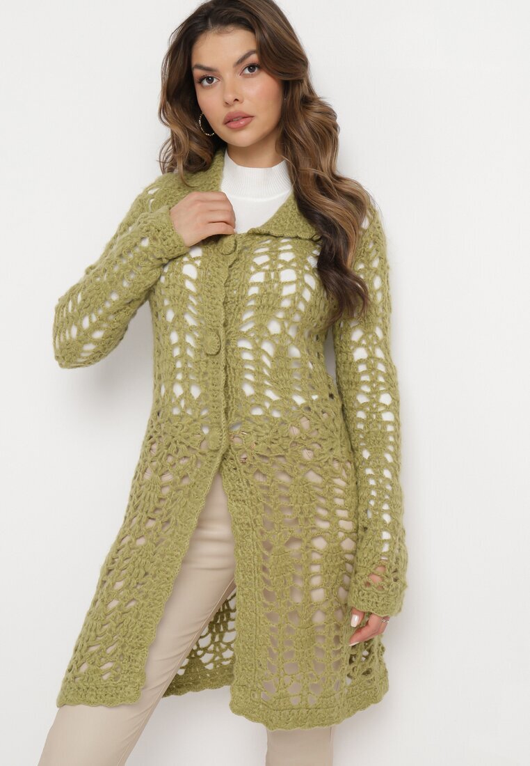  Cardigan Lung Verde Ajourat Lontoria