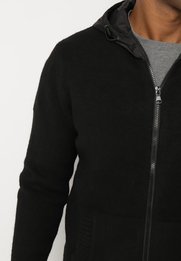  Cardigan Negru cu Glugă din Tricot cu Vâscoză cu Fermoar Etalitia