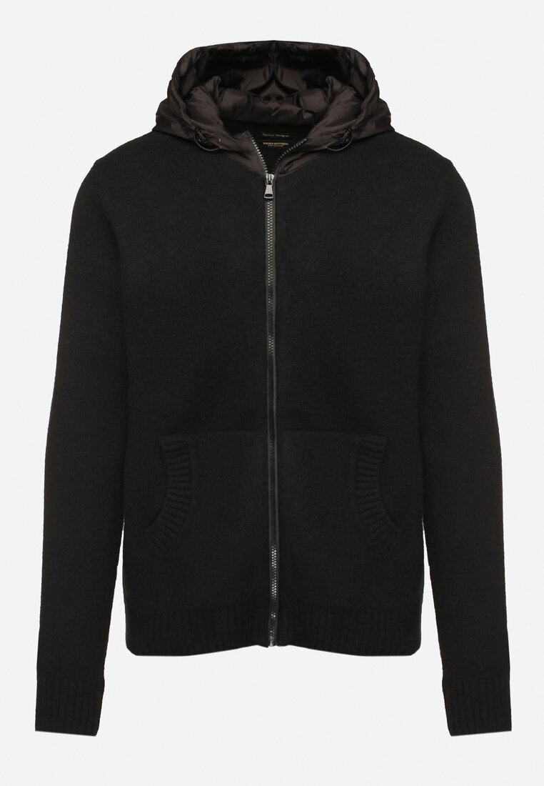  Cardigan Negru cu Glugă din Tricot cu Vâscoză cu Fermoar Etalitia