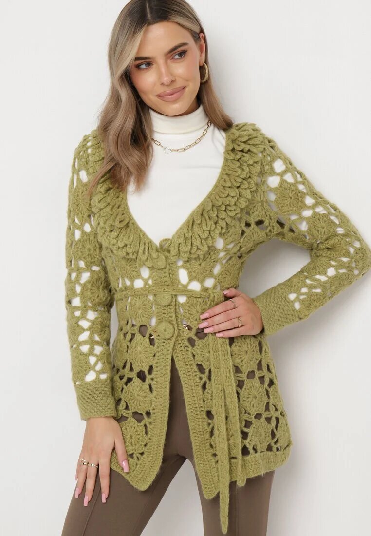  Cardigan Verde cu Decor ajurat și Curea legată Sabelia
