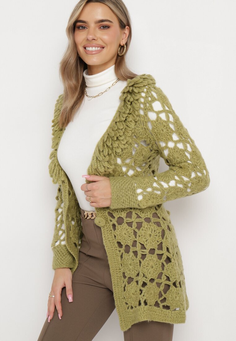  Cardigan Verde cu Decor ajurat și Curea legată Sabelia