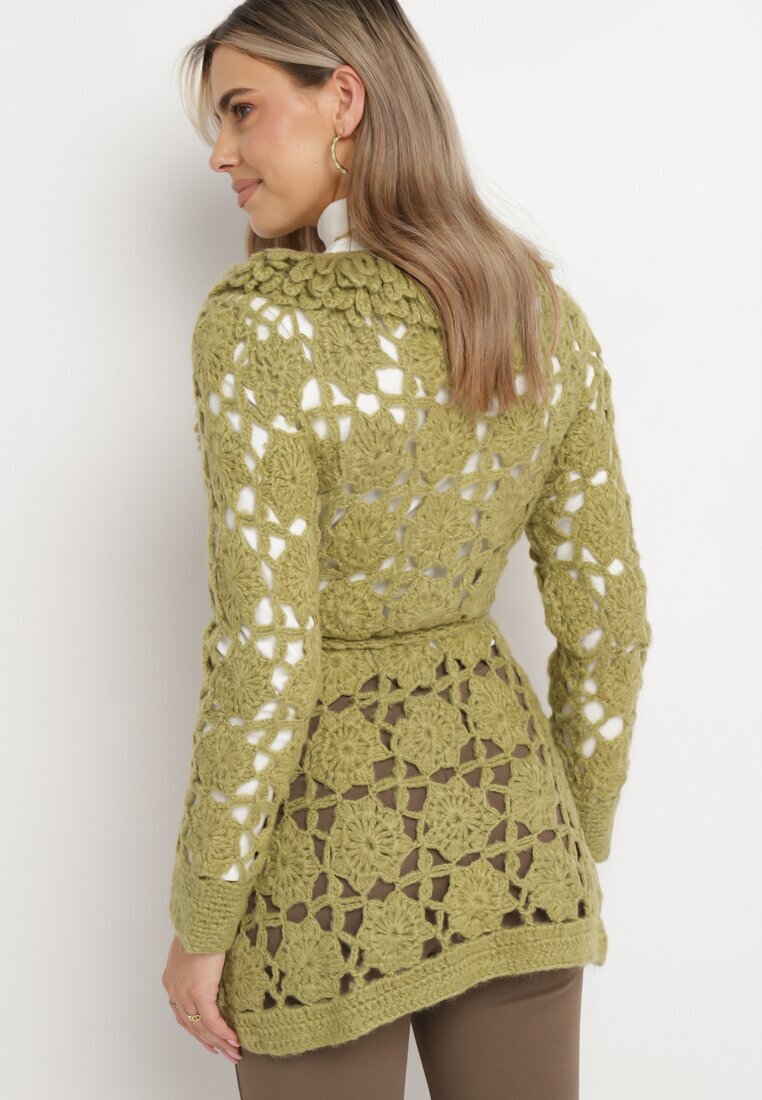 Cardigan Verde cu Decor ajurat și Curea legată Sabelia