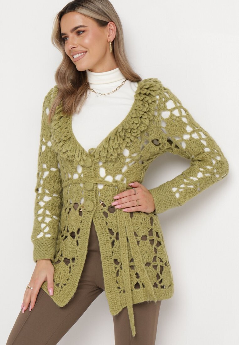  Cardigan Verde cu Decor ajurat și Curea legată Sabelia