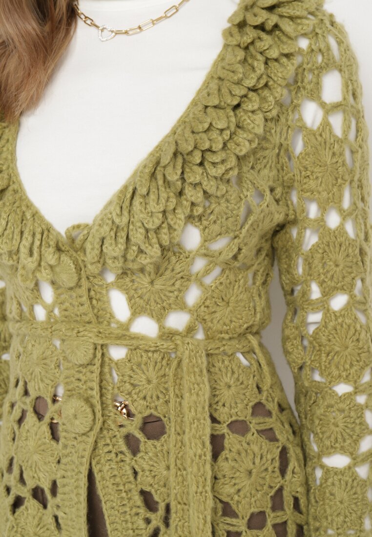  Cardigan Verde cu Decor ajurat și Curea legată Sabelia