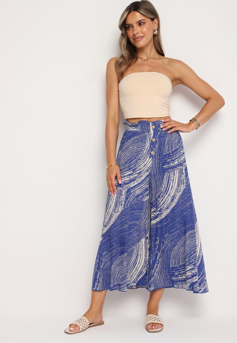 cflo Pantaloni Albastre din Viscoză 7/8 cu croi larg cu talie înaltă și elastic în talie Risalinse