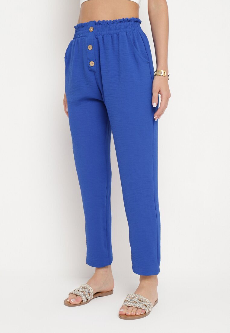 cflo Pantaloni Albastru Marin-Albastru cu Talie Înaltă Tip Paper Bag cu Elastic în Talie Noravia