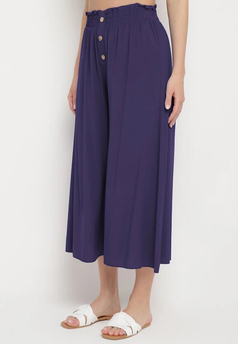 cflo Pantaloni Bleumarin Palazzo din viscoză cu elastic în talie decorați cu nasturi 3/4 Efilis