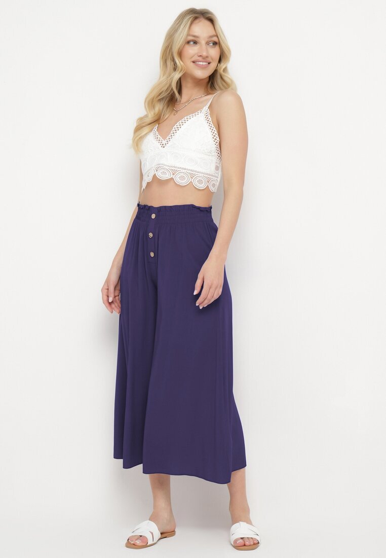 cflo Pantaloni Bleumarin Palazzo din viscoză cu elastic în talie decorați cu nasturi 3/4 Efilis