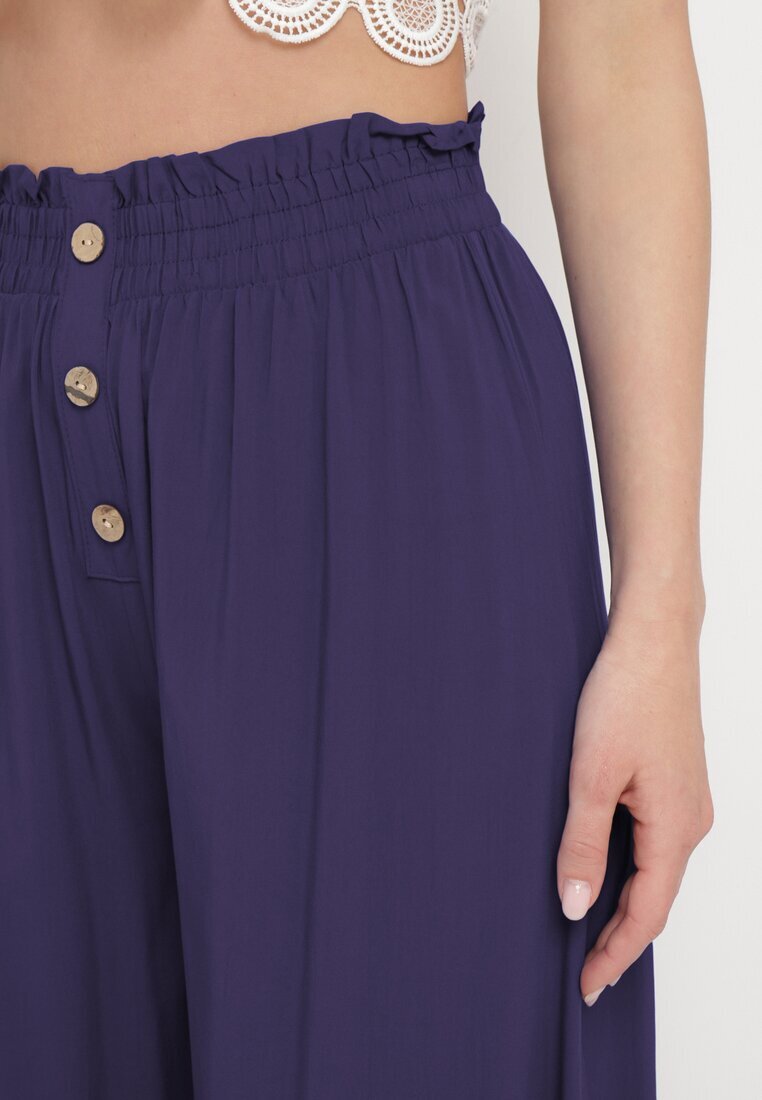 cflo Pantaloni Bleumarin Palazzo din viscoză cu elastic în talie decorați cu nasturi 3/4 Efilis