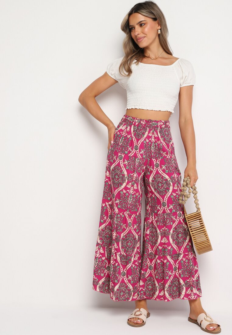 cflo Pantaloni Fucsia Lărgi Din Viscoză Cu Talie Înaltă și Elastic în Talie Risettesna