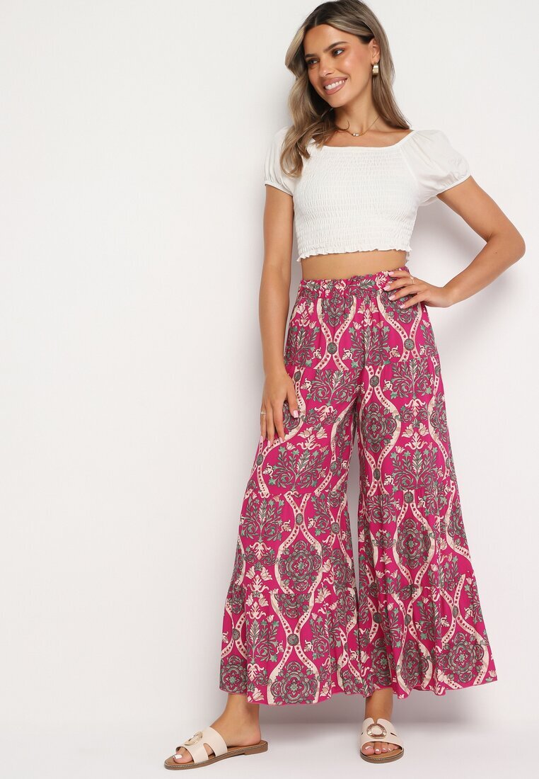cflo Pantaloni Fucsia Lărgi Din Viscoză Cu Talie Înaltă și Elastic în Talie Risettesna