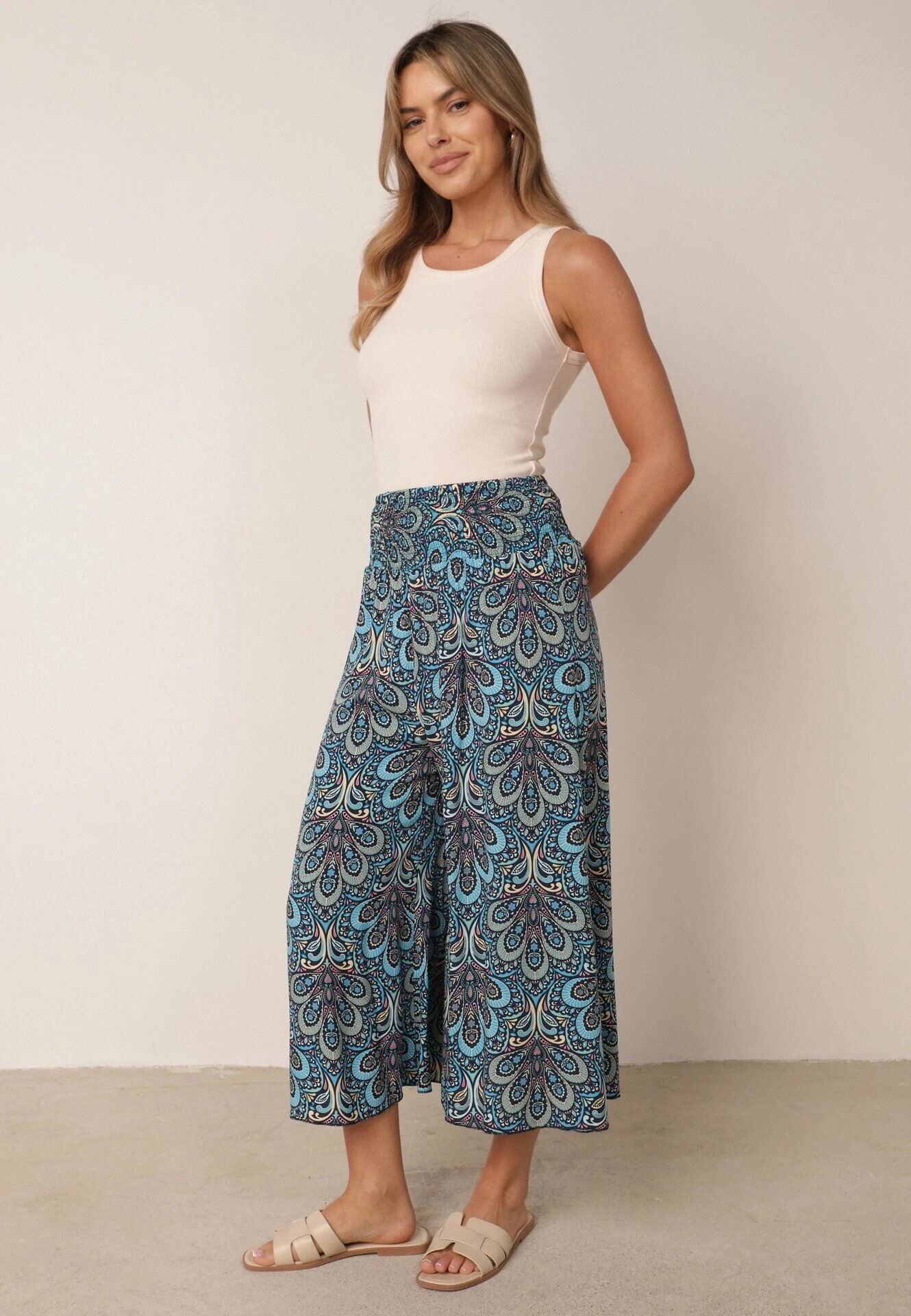cflo Pantaloni Largi bleumarin din viscoză cu imprimeu retro Zeramara